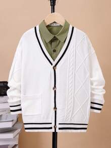 SHEIN Tween Boy Striped Trim Dual Pocket Drop Shoulder Cardigan Without Shirt - White - View 3