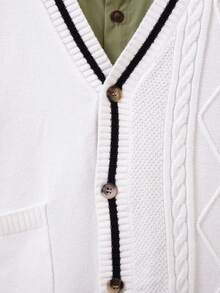 SHEIN Tween Boy Striped Trim Dual Pocket Drop Shoulder Cardigan Without Shirt - White - View 7