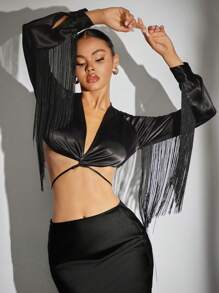 SHEIN BAE Fringe Trim Tie Back Crop Top - Black - View 5