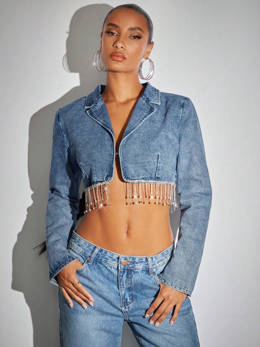 SHEIN BAE 水鑽流蘇邊西裝領短款牛仔夾克