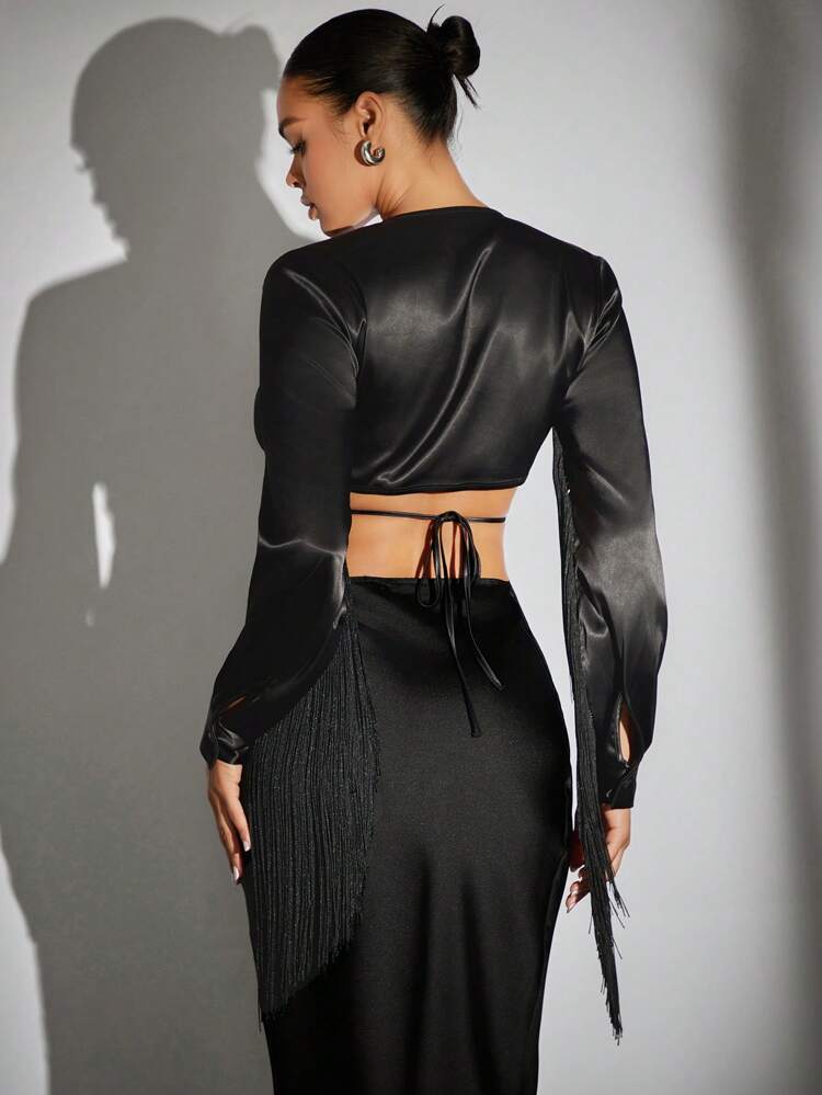 Fringe Trim Tie Back Crop Top