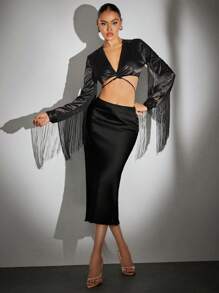 SHEIN BAE Fringe Trim Tie Back Crop Top - Black - View 4