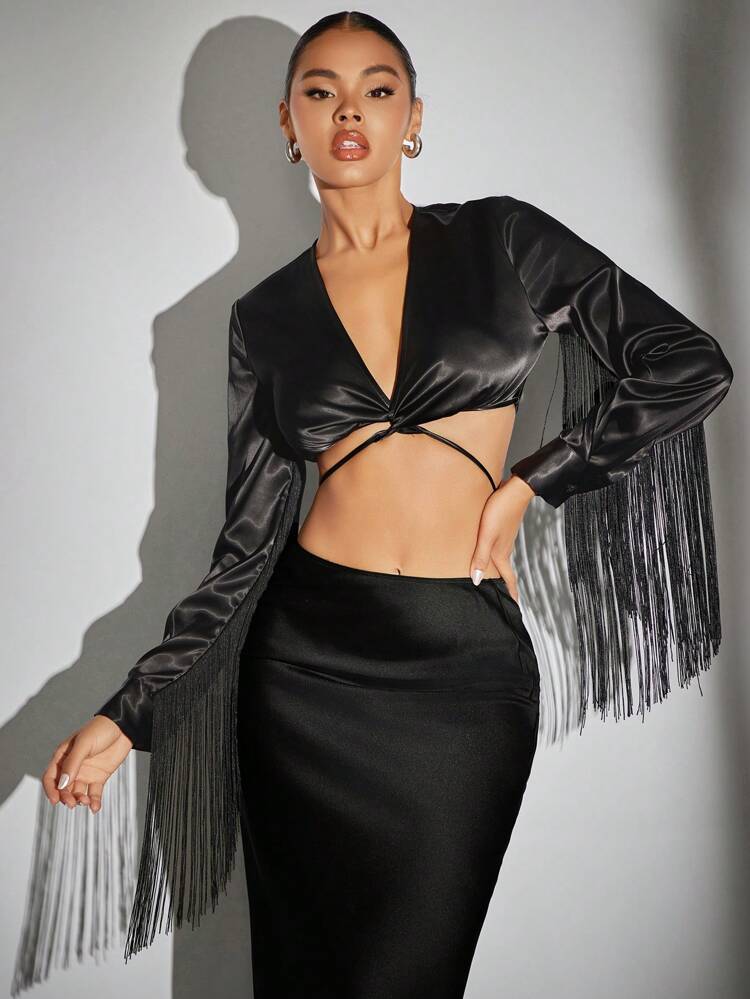 Fringe Trim Tie Back Crop Top