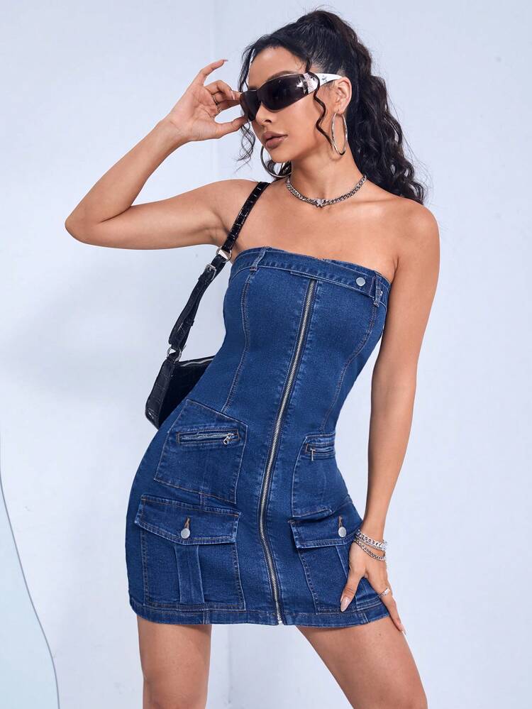 Flap Pocket Zip Up Tube Bodycon Denim Dress