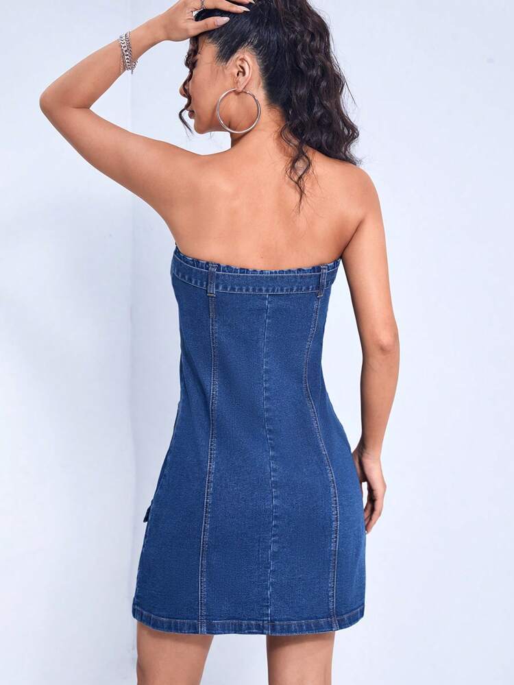 Flap Pocket Zip Up Tube Bodycon Denim Dress