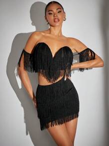 SHEIN BAE Off Shoulder Viền rìa Áo & Váy bodycon - màu đen - Xem 3