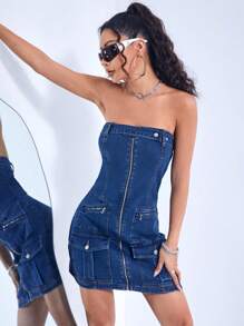 SHEIN ICON 翻蓋口袋拉鏈開襟抹胸緊身牛仔洋裝 - 中等水洗藍 - 查看 5