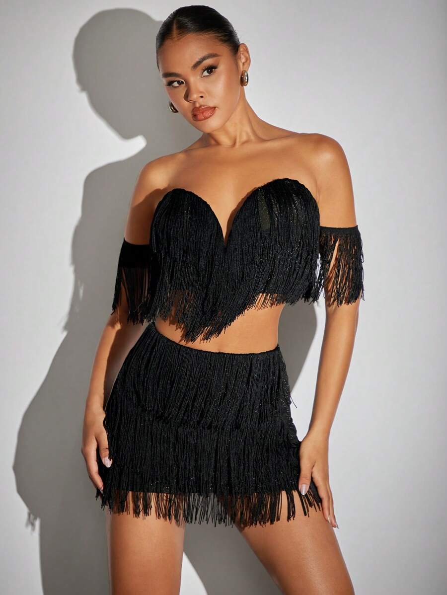 SHEIN BAE Off Shoulder Viền rìa Áo & Váy bodycon - màu đen - Xem 1