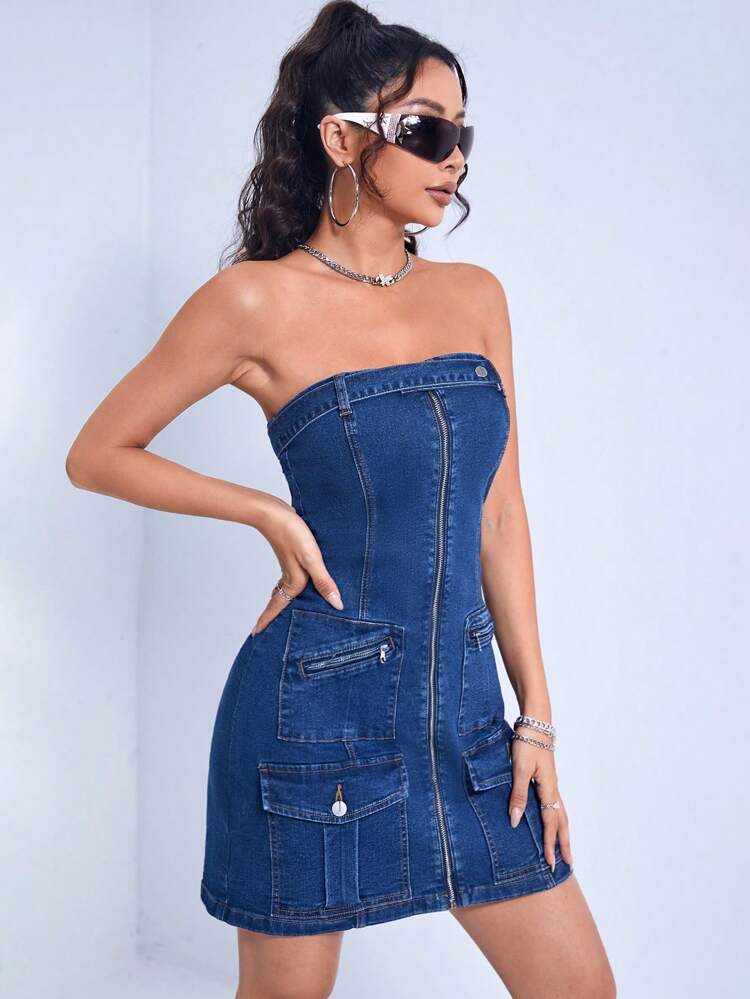 Flap Pocket Zip Up Tube Bodycon Denim Dress