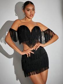 SHEIN BAE Off Shoulder Viền rìa Áo & Váy bodycon - màu đen - Xem 5