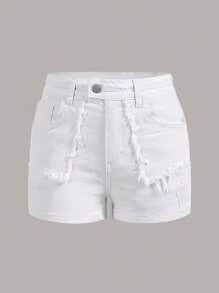 Solid Ripped Denim Shorts - White - View 1