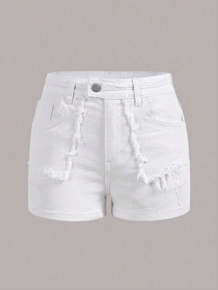 Solid Ripped Denim Shorts - White - View 1