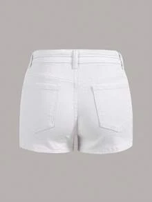 Solid Ripped Denim Shorts - White - View 2