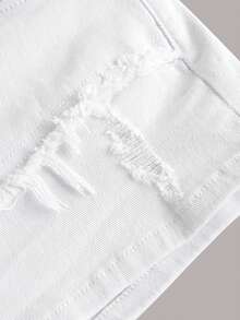 Solid Ripped Denim Shorts - White - View 3