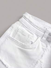 Solid Ripped Denim Shorts - White - View 4