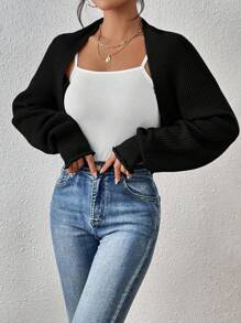 SHEIN Essnce Solid Open Front Collarless Long Sleeve Summer Women Beach Crop Duster Cardigan Spring Summer Clothing,Long Sleeve Tops,Knitted Sweater In Fall/Winter - Black - View 4