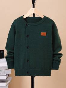 SHEIN Tween Boy Letter Patched Button Front Cardigan - Dark Green - View 1