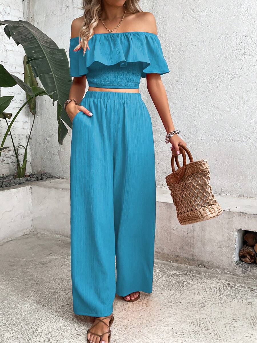 Breezaya Off Shoulder Viền Ruffle Top Cây trồng & Quần ống rộng - Màu xanh lam - Xem 1