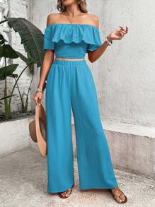 Breezaya Off Shoulder Viền Ruffle Top Cây trồng & Quần ống rộng - Màu xanh lam - Xem 3