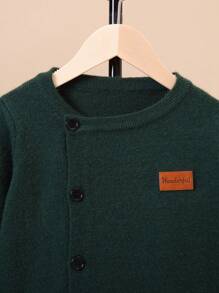 SHEIN Tween Boy Letter Patched Button Front Cardigan - Dark Green - View 6