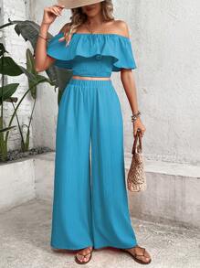 Breezaya Off Shoulder Viền Ruffle Top Cây trồng & Quần ống rộng - Màu xanh lam - Xem 4