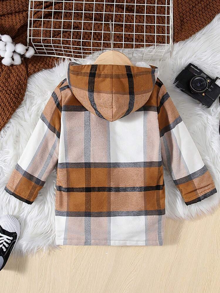 Young Boy Plaid Dual Pocket Teddy Lined Hooded Overcoat