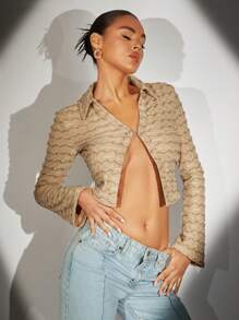 SHEIN BAE Cổ áo chữ V Textured Áo phông Crop - Màu Khaki - Xem 3