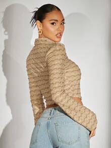 SHEIN BAE Cổ áo chữ V Textured Áo phông Crop - Màu Khaki - Xem 2