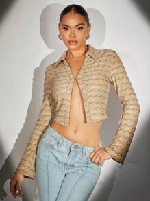 SHEIN BAE Cổ áo chữ V Textured Áo phông Crop - Màu Khaki - Xem 1