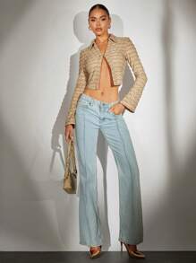 SHEIN BAE Cổ áo chữ V Textured Áo phông Crop - Màu Khaki - Xem 5