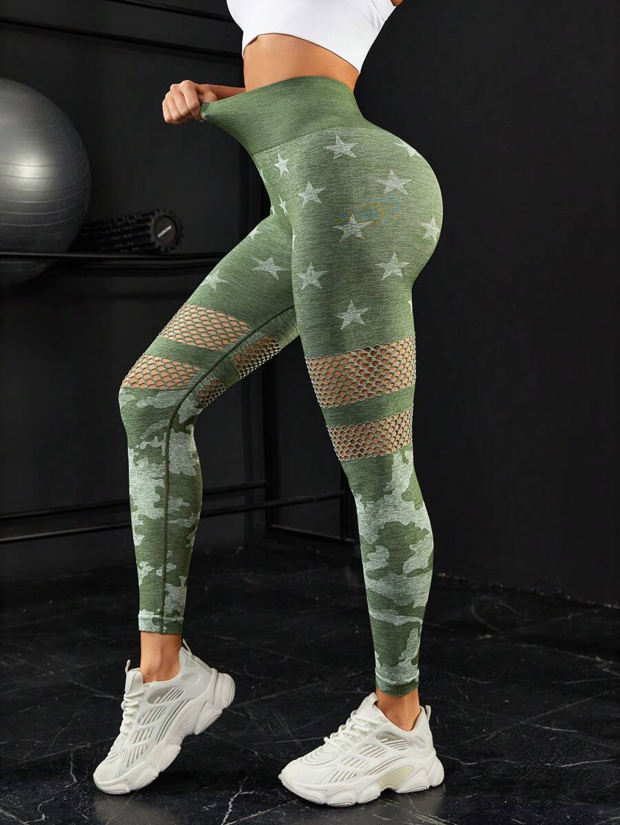 Easithlete 星星印花鏤空收復運動打底褲 - 綠色 - 查看 1