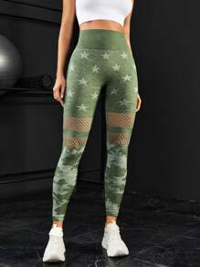 Easithlete 星星印花鏤空收復運動打底褲 - 綠色 - 查看 3