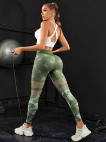 Easithlete 星星印花鏤空收復運動打底褲 - 綠色 - 查看 4