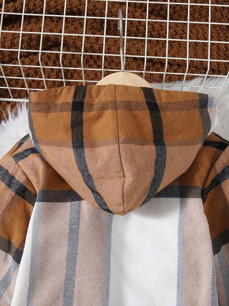 Young Boy Plaid Dual Pocket Teddy Lined Hooded Overcoat