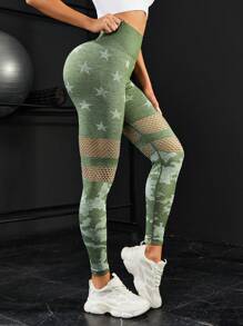 Easithlete 星星印花鏤空收復運動打底褲 - 綠色 - 查看 5