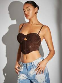 SHEIN BAE Cami Top mit Strass Detail, Ausschnitt vorne, - Schokoladenbraun - Übersicht 4
