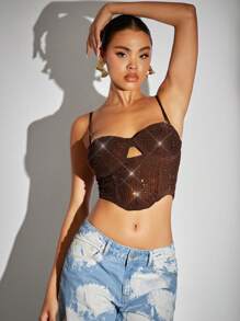 SHEIN BAE Cami Top mit Strass Detail, Ausschnitt vorne, - Schokoladenbraun - Übersicht 1