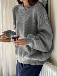 DAZY Suéter de hombros caídos sólido, blusas de manga larga, ropa de otoño - Gris - Ver 3