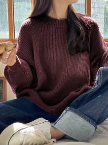 DAZY 纯色落肩毛衣，女士深秋休闲长袖超大号酒红色落肩套头衫女式毛衣，长袖上衣 - 酒紅色 - 查看 2