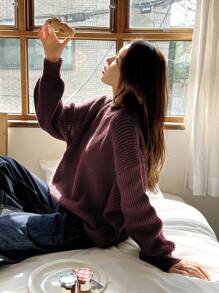 DAZY 纯色落肩毛衣，女士深秋休闲长袖超大号酒红色落肩套头衫女式毛衣，长袖上衣 - 酒紅色 - 查看 4