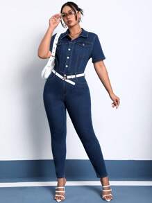 SHEIN ICON 大碼前紐扣翻蓋口袋牛仔連身褲不附腰帶 - 深色水洗藍 - 查看 1