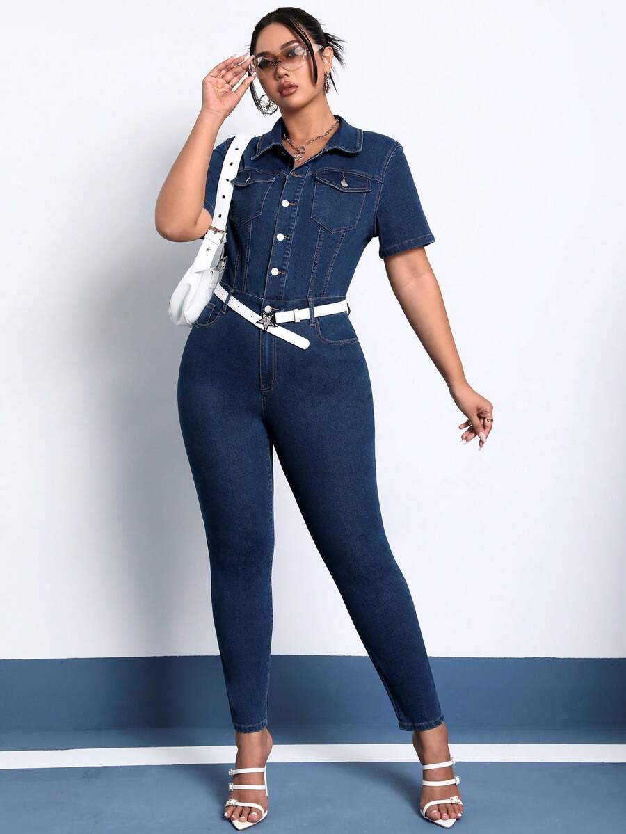SHEIN ICON 大碼前紐扣翻蓋口袋牛仔連身褲不附腰帶 - 深色水洗藍 - 查看 1