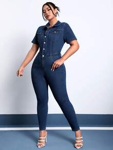 SHEIN ICON 大碼前紐扣翻蓋口袋牛仔連身褲不附腰帶 - 深色水洗藍 - 查看 3