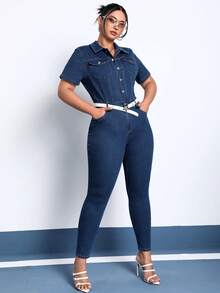 SHEIN ICON 大碼前紐扣翻蓋口袋牛仔連身褲不附腰帶 - 深色水洗藍 - 查看 4