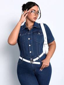 SHEIN ICON 大碼前紐扣翻蓋口袋牛仔連身褲不附腰帶 - 深色水洗藍 - 查看 5