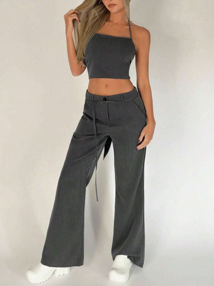 Muchica Solid Crop Halter Top & Flare Leg Trousers - Dark Grey - View 1