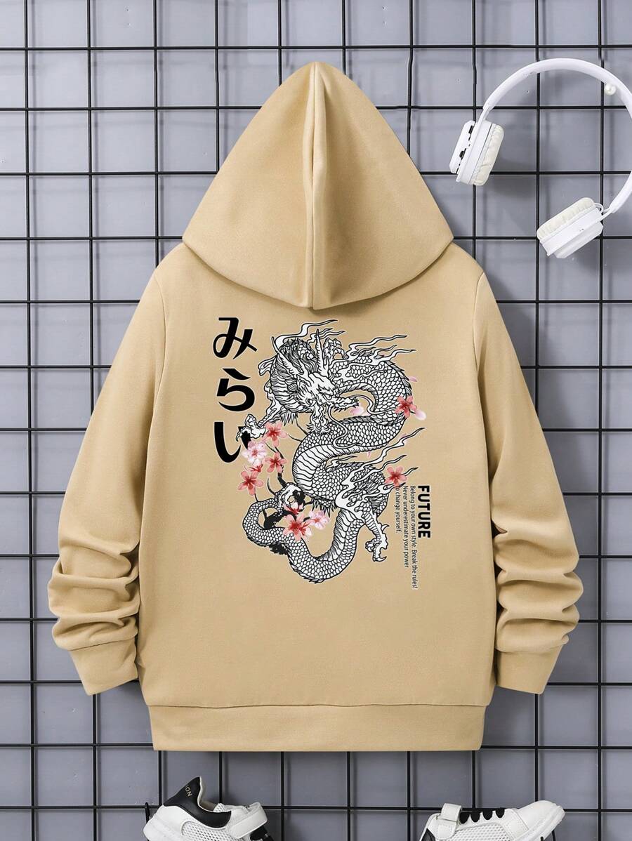 SHEIN 男孩日文圖案&中國龍圖案連帽衫