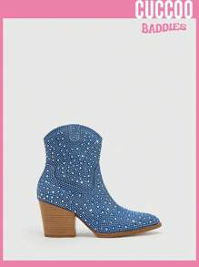 CUCCOO SZL 女性水鑽裝飾西部牛仔靴,粗跟魅力四射靴子