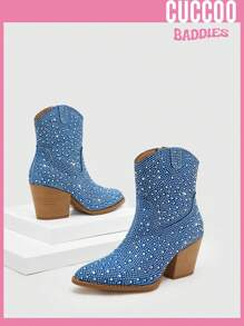 CUCCOO SZL 女性水鑽裝飾西部牛仔靴,粗跟魅力四射靴子