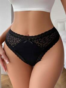 Contrast Lace Bow Front Panty Sexy Lingerie Bow Tie - Black - View 3